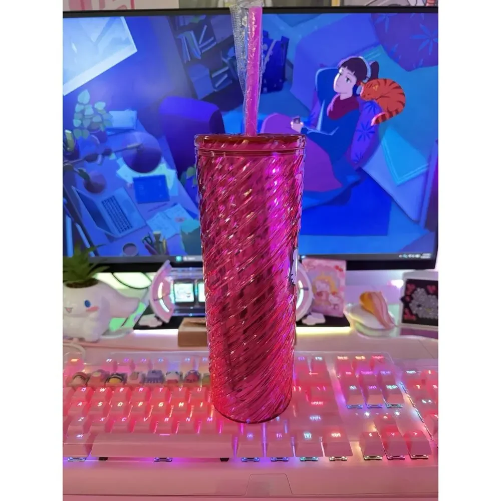 Hello Kitty Swirl Tumbler Lid Straw Shiny Metallic Spiral Plastic Pink Sanrio